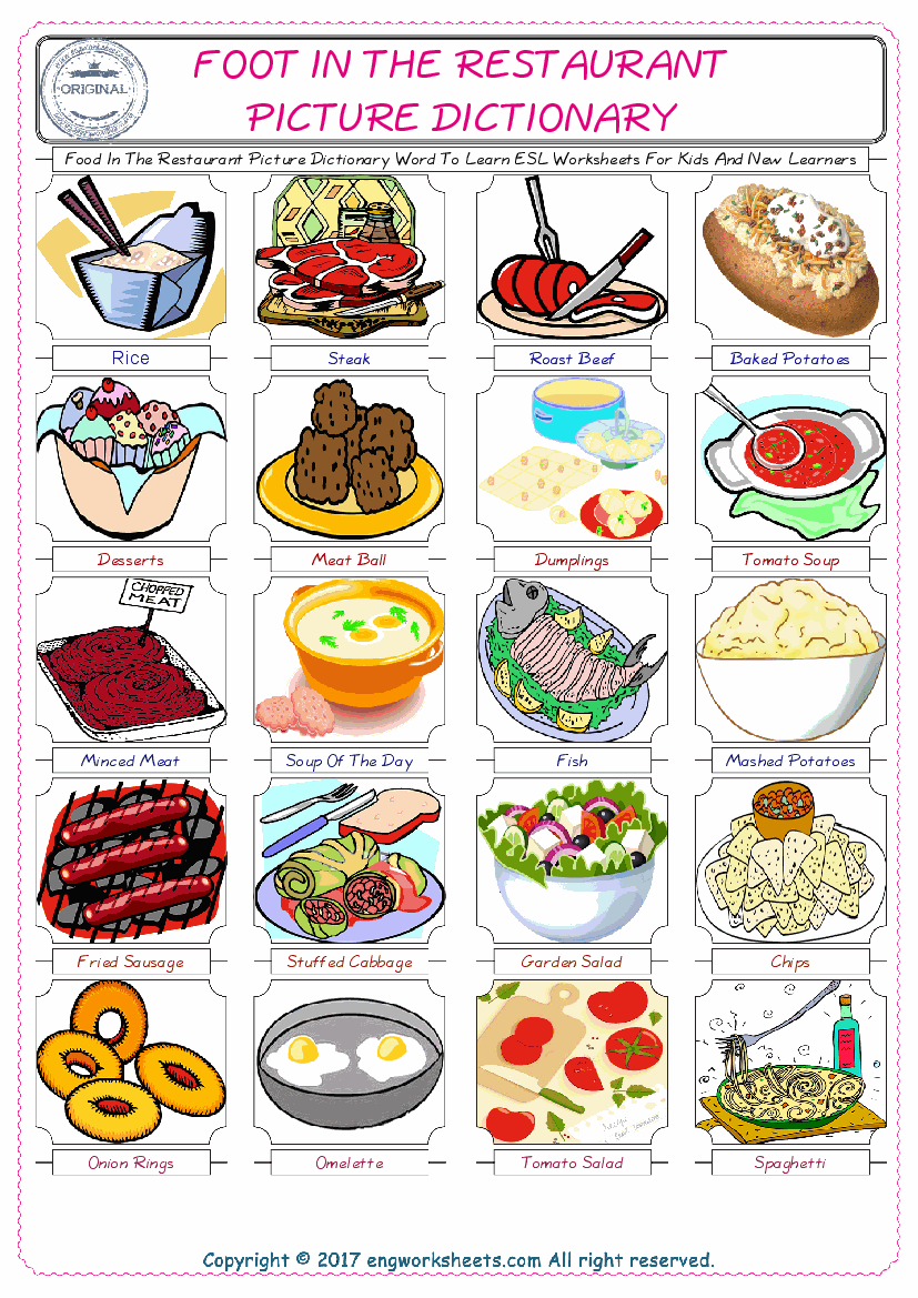  Food In The Restaurant English Worksheet for Kids ESL Printable Picture Dictionary 